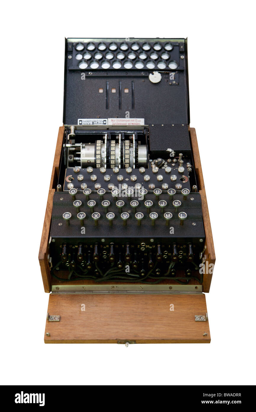 Part of a series of four images showing an Enigma decoding machine in it's original wooden box. Stock Photo