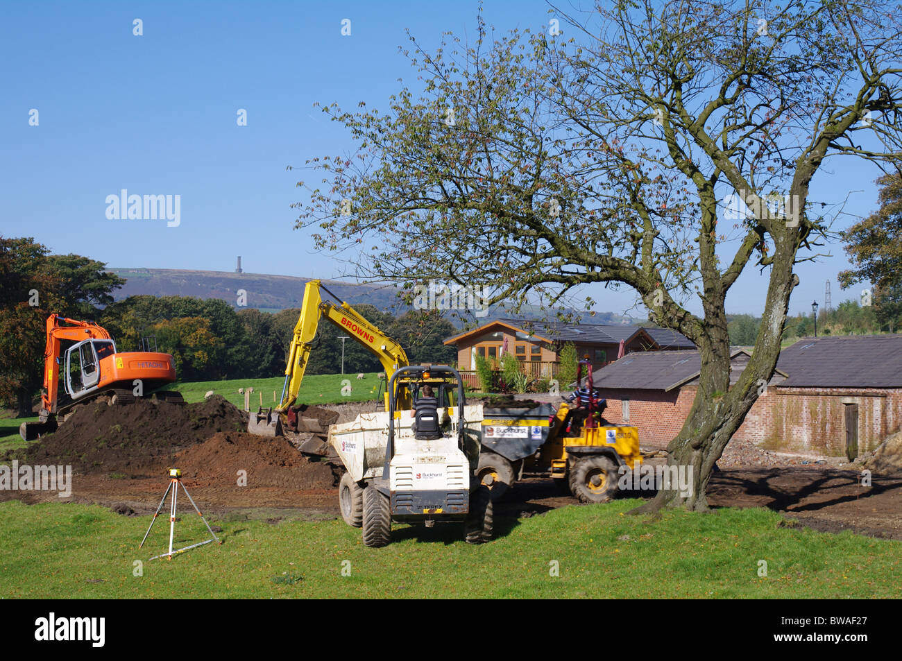 Construction workers at rural site near Bury, Lancashire Stock Photo