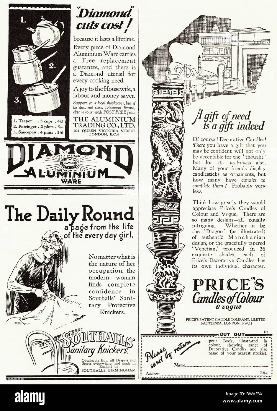 Full page of advertisements in English magazine dated 1928 Stock Photo