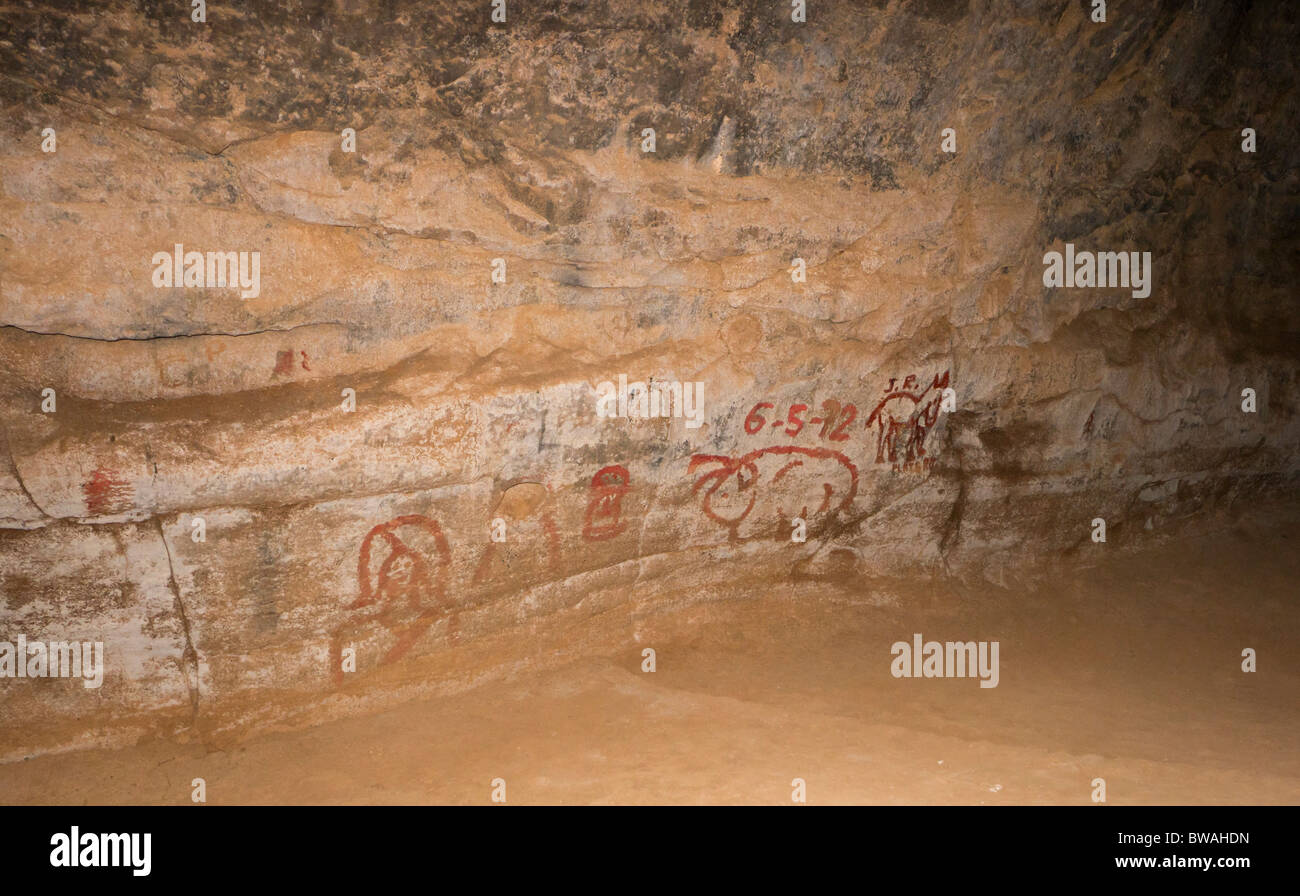 Fuerteventura, Canary Islands - Cueva del Llano lava pipe cavern at Villaverde. Graffiti left by Spanish military Stock Photo