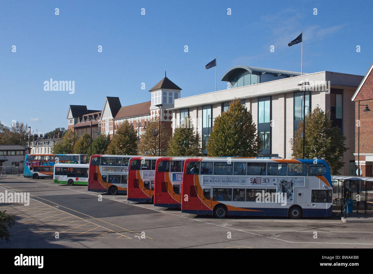 Line up of buses in Canterbury Bus Station Stock Photo