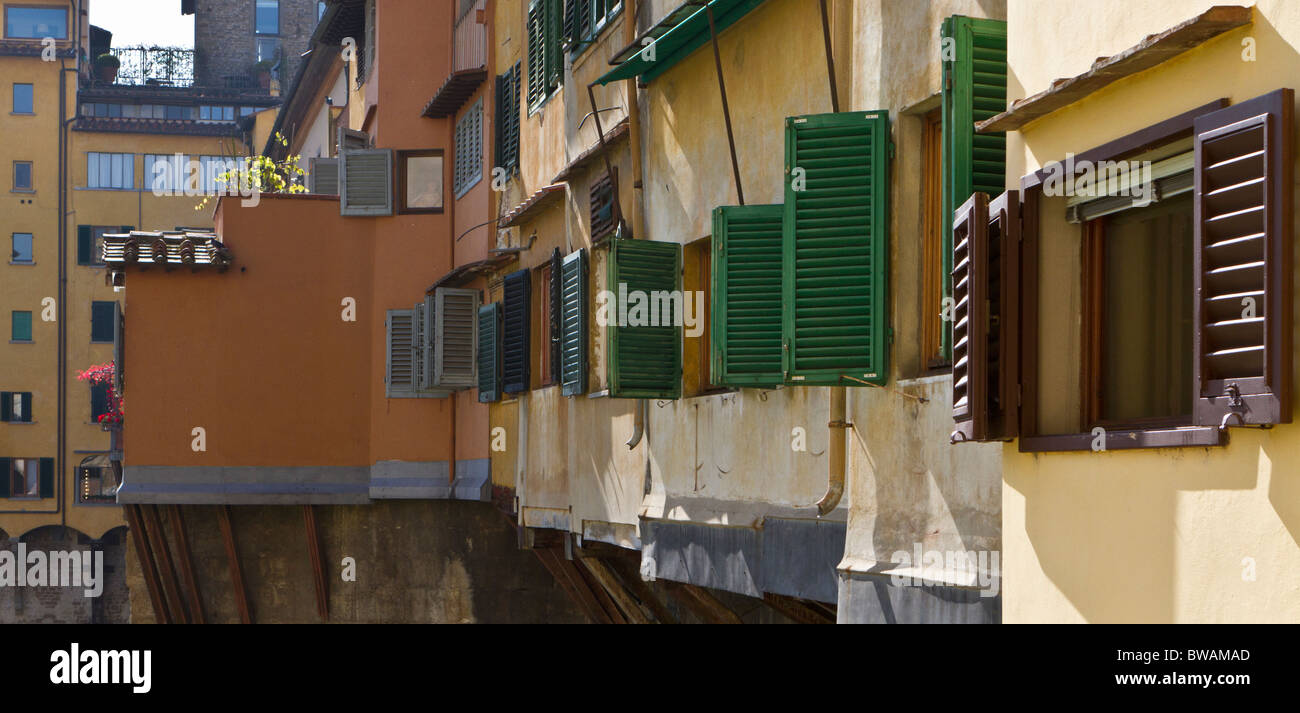 Detail of the Pontevecchio, Florence, showing the blinds of the windows at the back of the shops Stock Photo