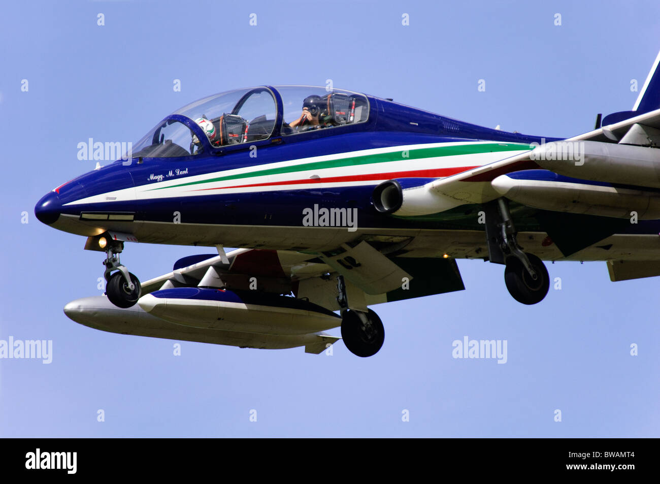 Aermacchi MB-346 of the Italian Frecce Tricolori display team on approach for landing at Fairford RIAT Stock Photo