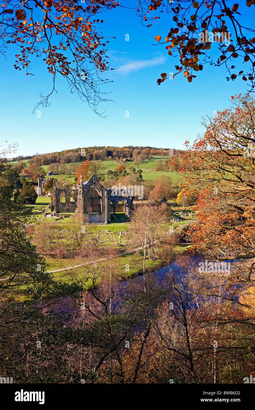 Looking down onto the ruins of Bolton Priory from the woodland walk through Bolton Abbey woods, North Yorkshire, autumn Stock Photo