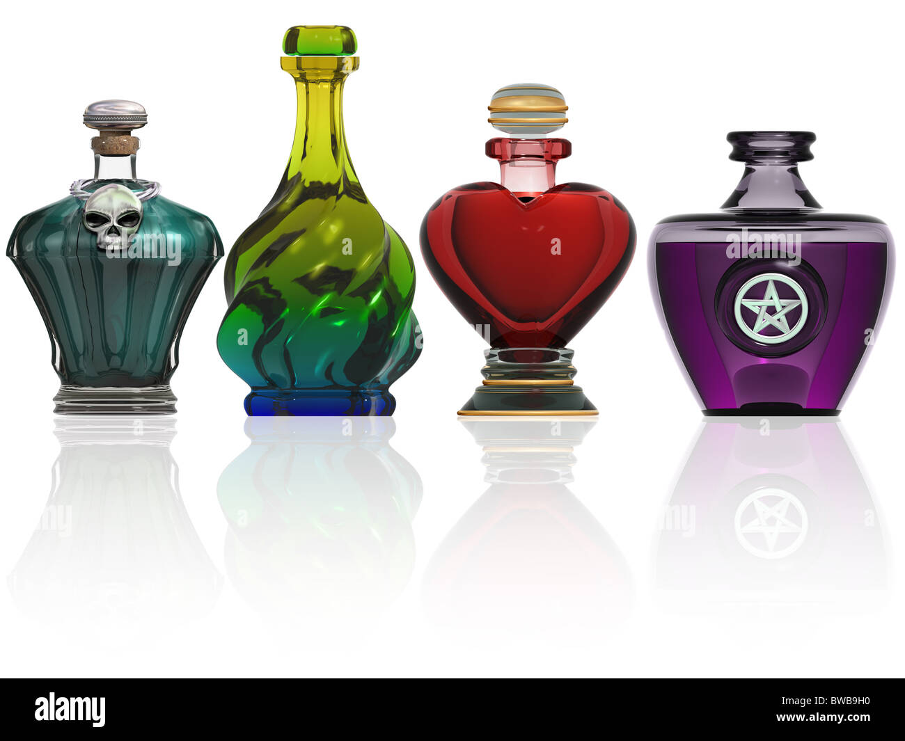 Illustration of various shaped bottles containing magic potions Stock Photo