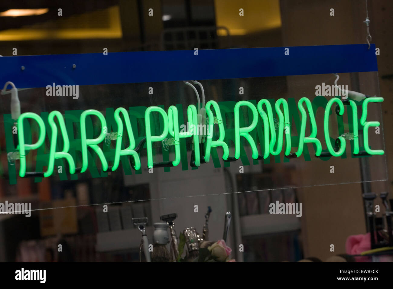 sign in the window of a pharmacy Stock Photo
