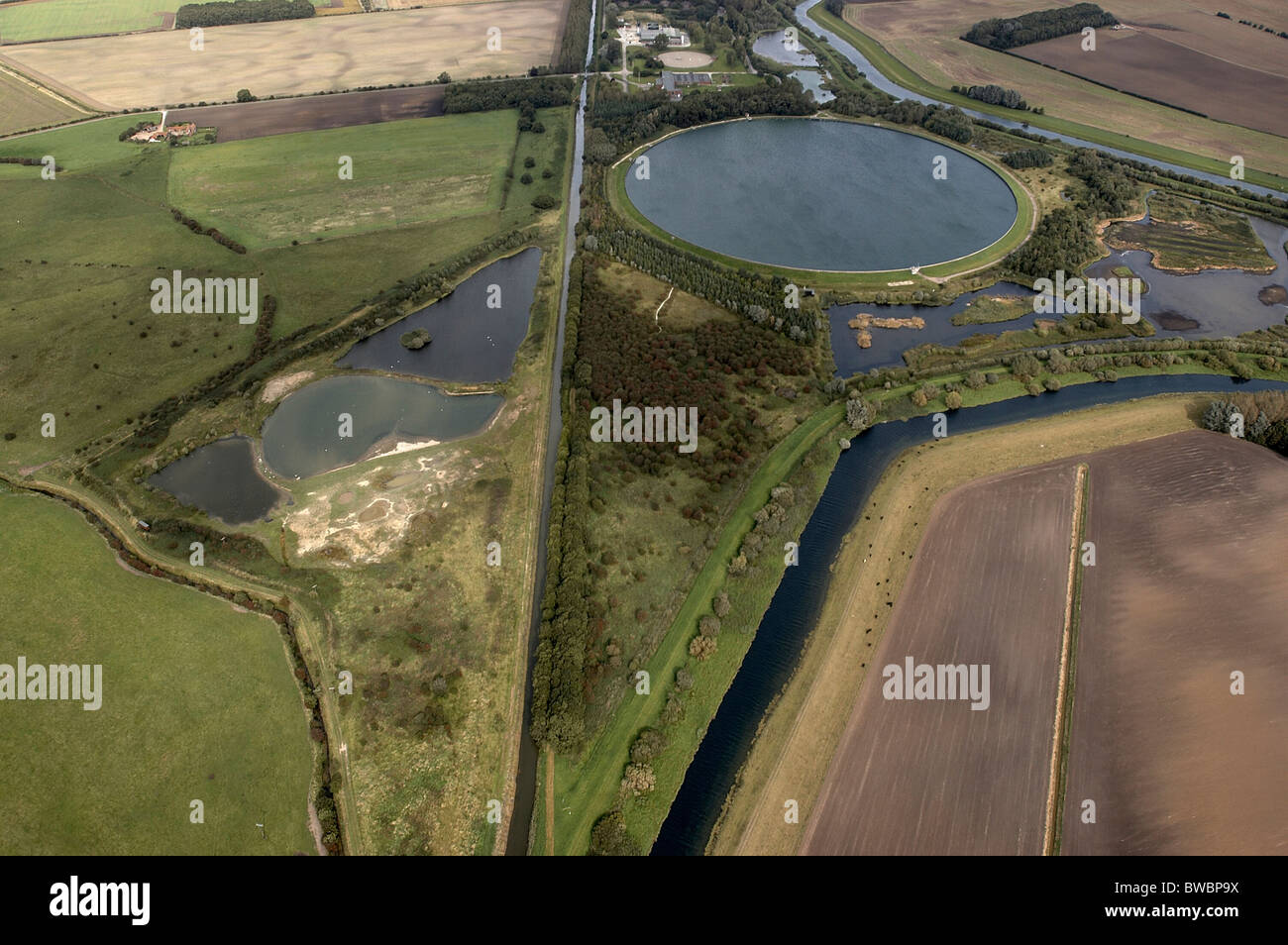 Aerial view of tophill Low reservoir and nature reserve next to the River Hull, East Yorkshire, UK Stock Photo