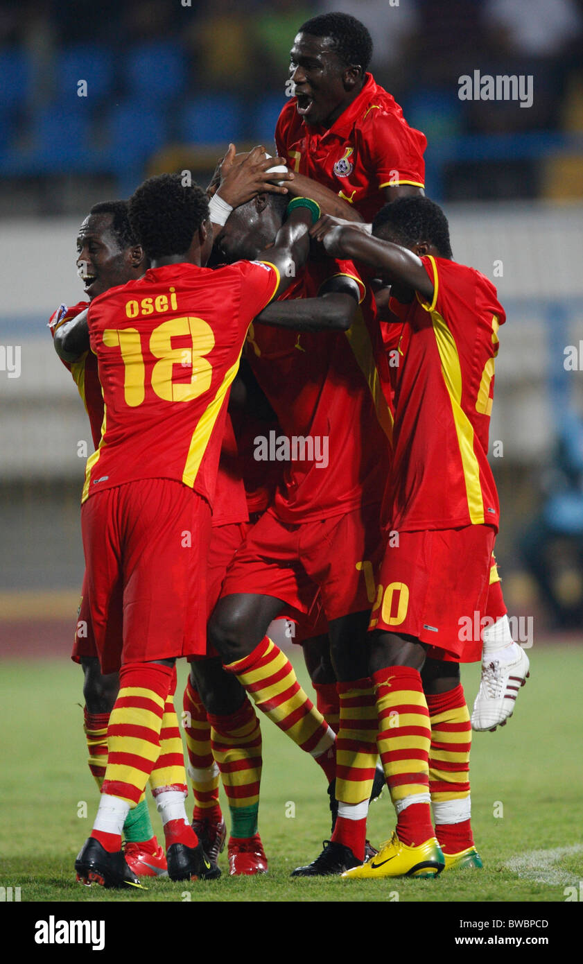 Ghanaian players celebrate after a goal by Mohammed Rabiu during a FIFA U-20 World Cup Group D match against Uruguay Oct 2, 2009 Stock Photo