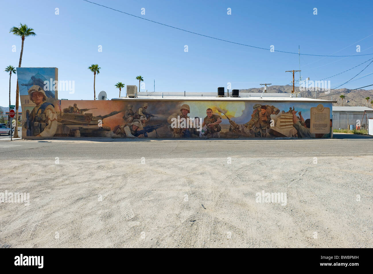 Mural-Painting depicting war and US marines-troops, the mural is located in Twenty Nine Palms, California. Stock Photo