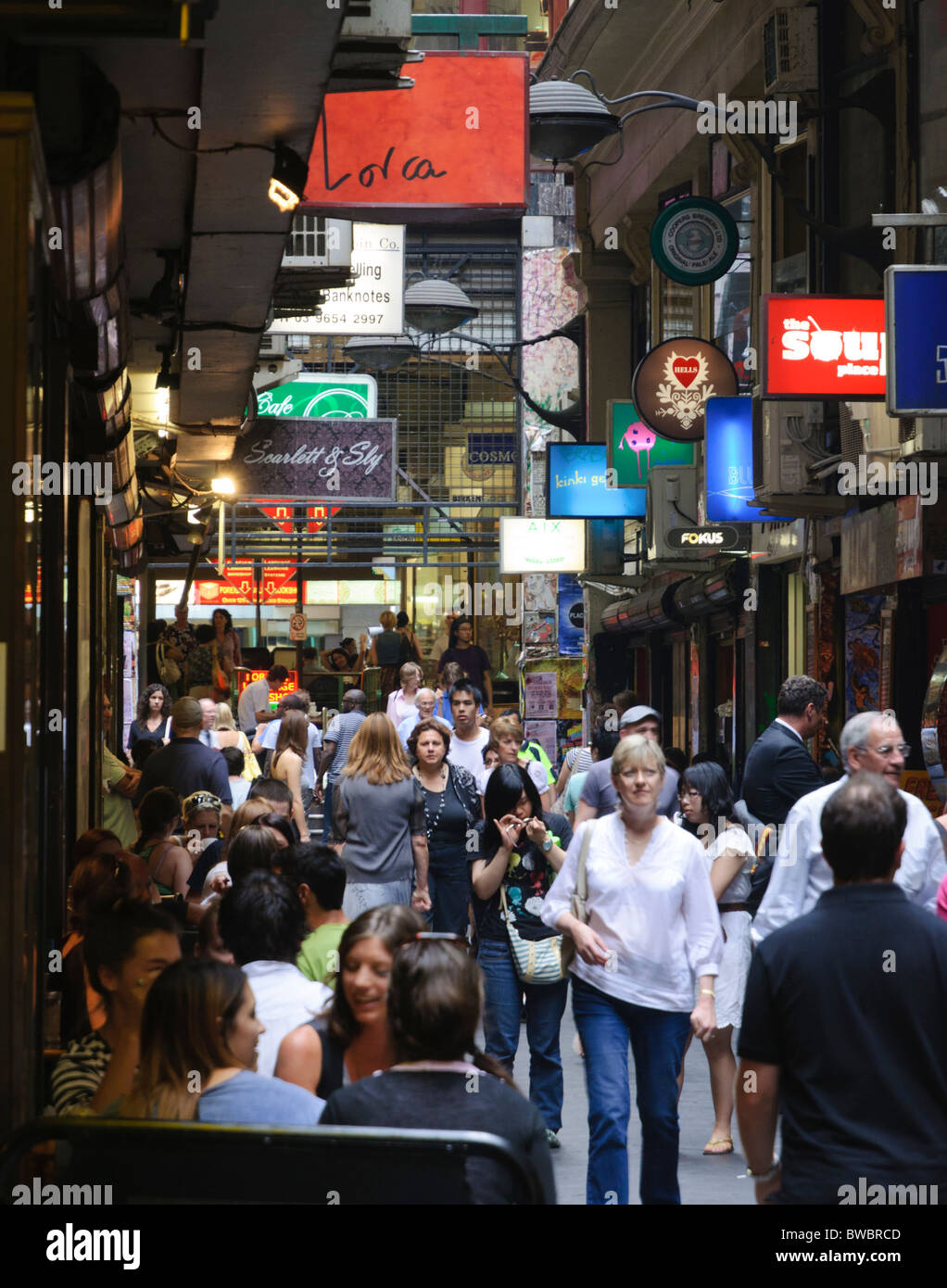 One of the famous laneways of Melbourne. Weekday lunchtimes are busy times here. Stock Photo