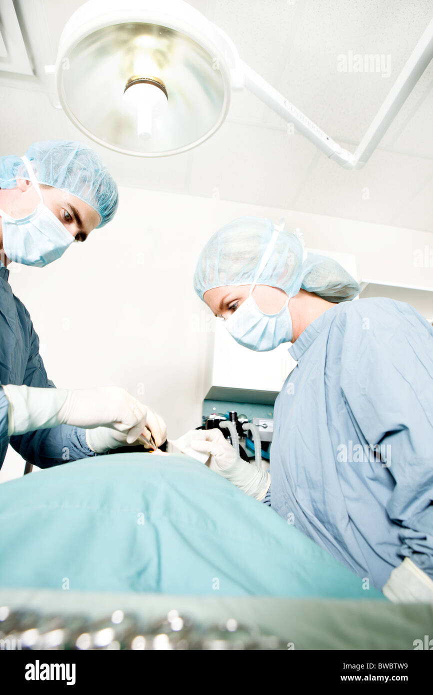 A surgeon working in a small operating room with an assistant Stock Photo