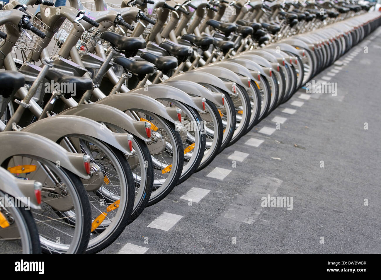 A Velib' (free bicycle) bicycle station where you can rent bikes through an automated system Stock Photo