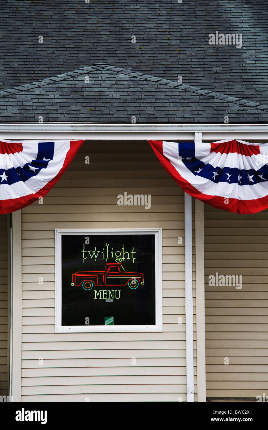 Twilight film promotion in restaurant window, Forks, Washington State