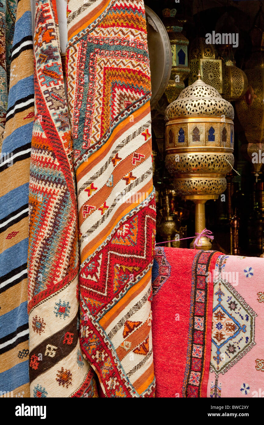 Closeups of carpets displayed in the Habous Quarter souq of Casablanca, Morocco. Stock Photo
