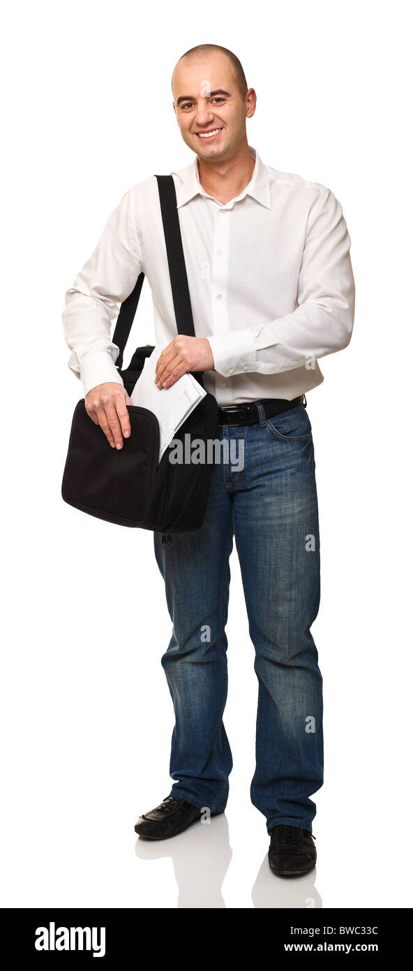 happy worker with laptop bag isolated on white Stock Photo