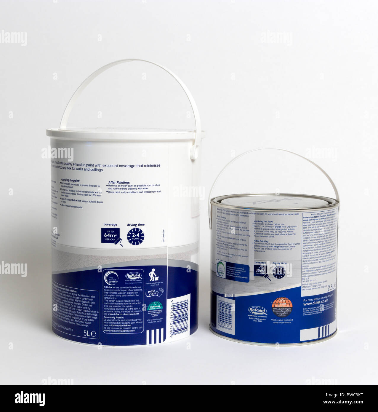 Architecture, Construction, Decorating, Pots of gloss and emulsion paint showing coverage and