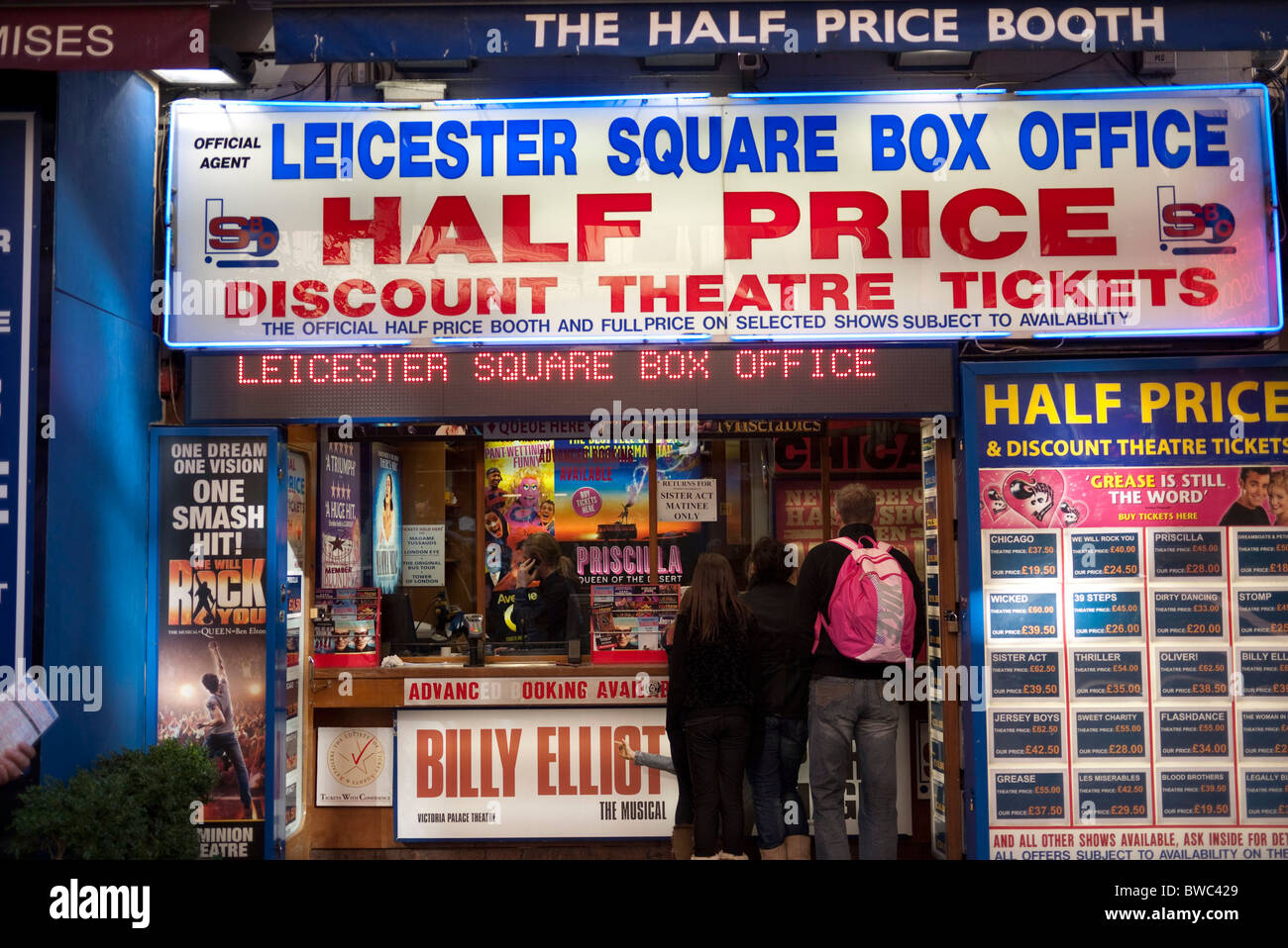 Budget theatre ticket shop in Leicester Square, London. The heart of London's West End and Theatreland. Stock Photo