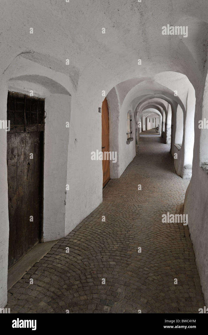 Arcade covered sidewalk pavement along the Laubengasse at Glorenza ...