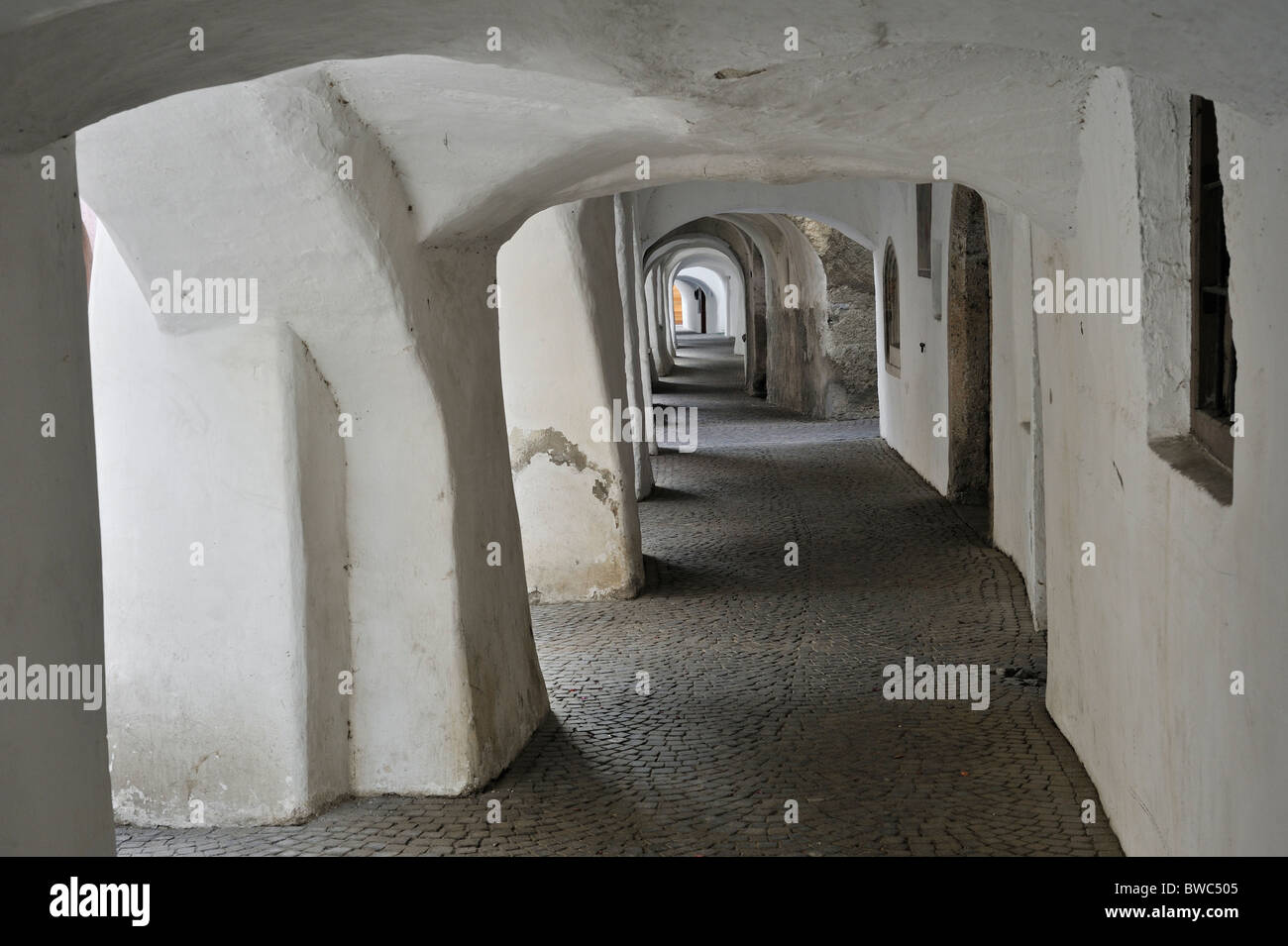 Arcade covered sidewalk pavement along the Laubengasse at Glorenza ...