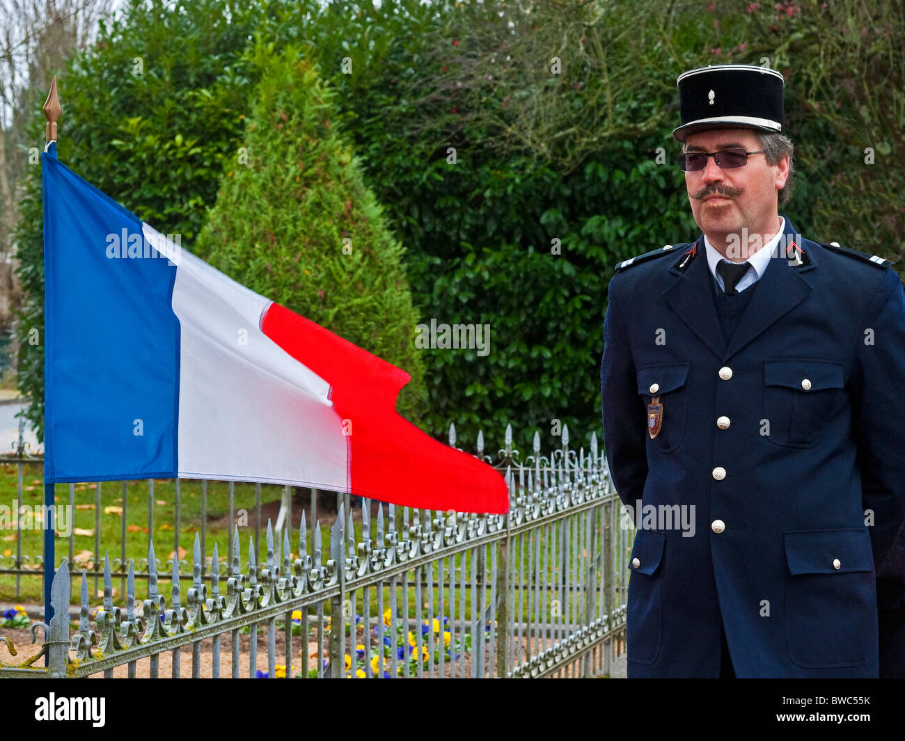French Sapeur-pompier / fireman in dress uniform at Remembrance Day parade - France. Stock Photo