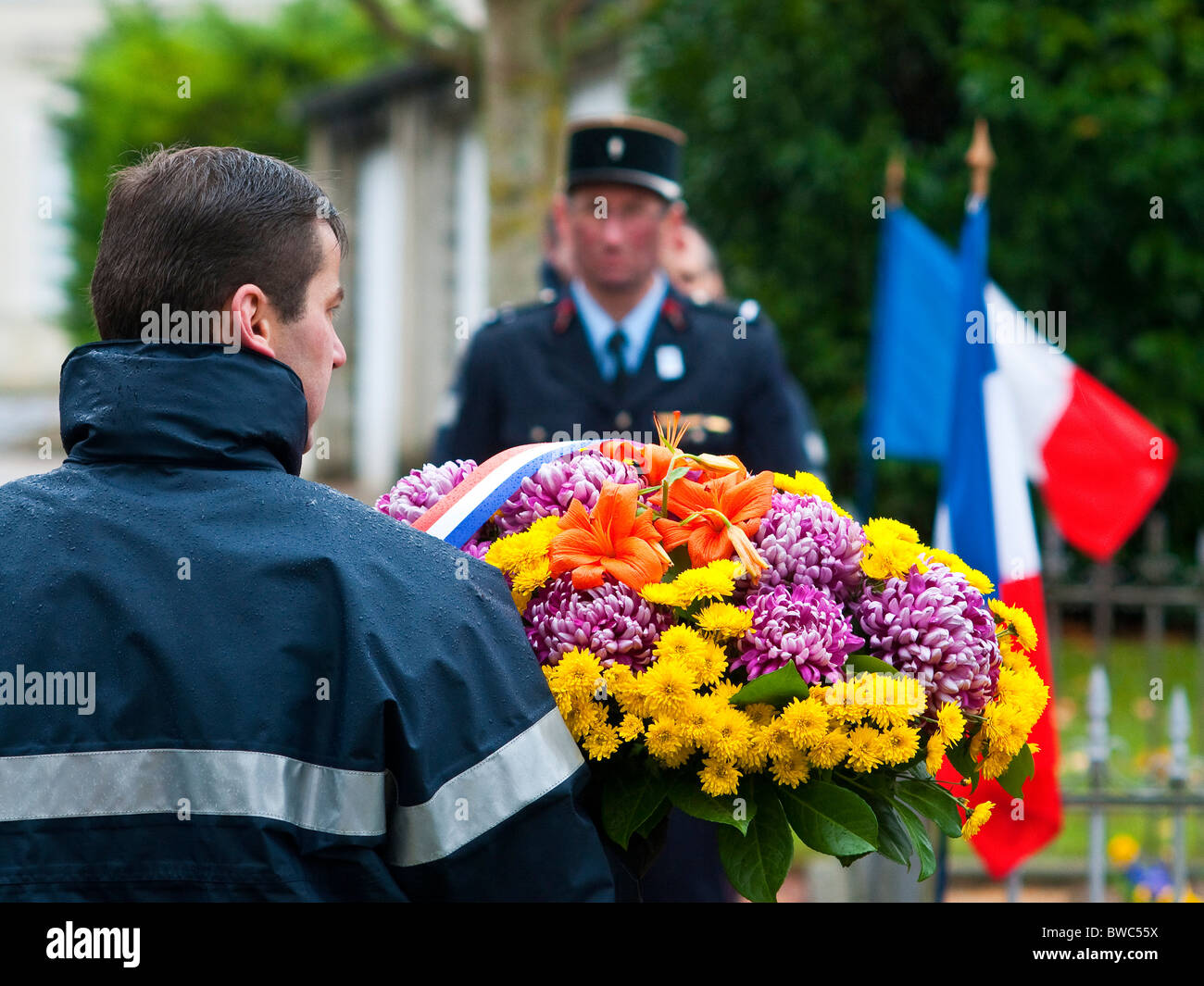 French Sapeur-pompiers / firemen at Remembrance Day parade - France. Stock Photo