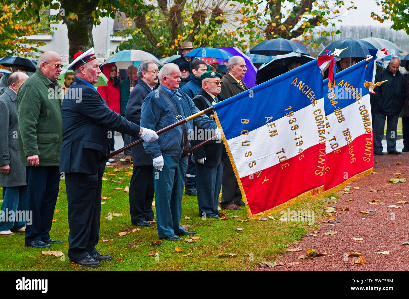 Old soldiers carrying Tricolor flags at Remembrance Day parade - France. Stock Photo
