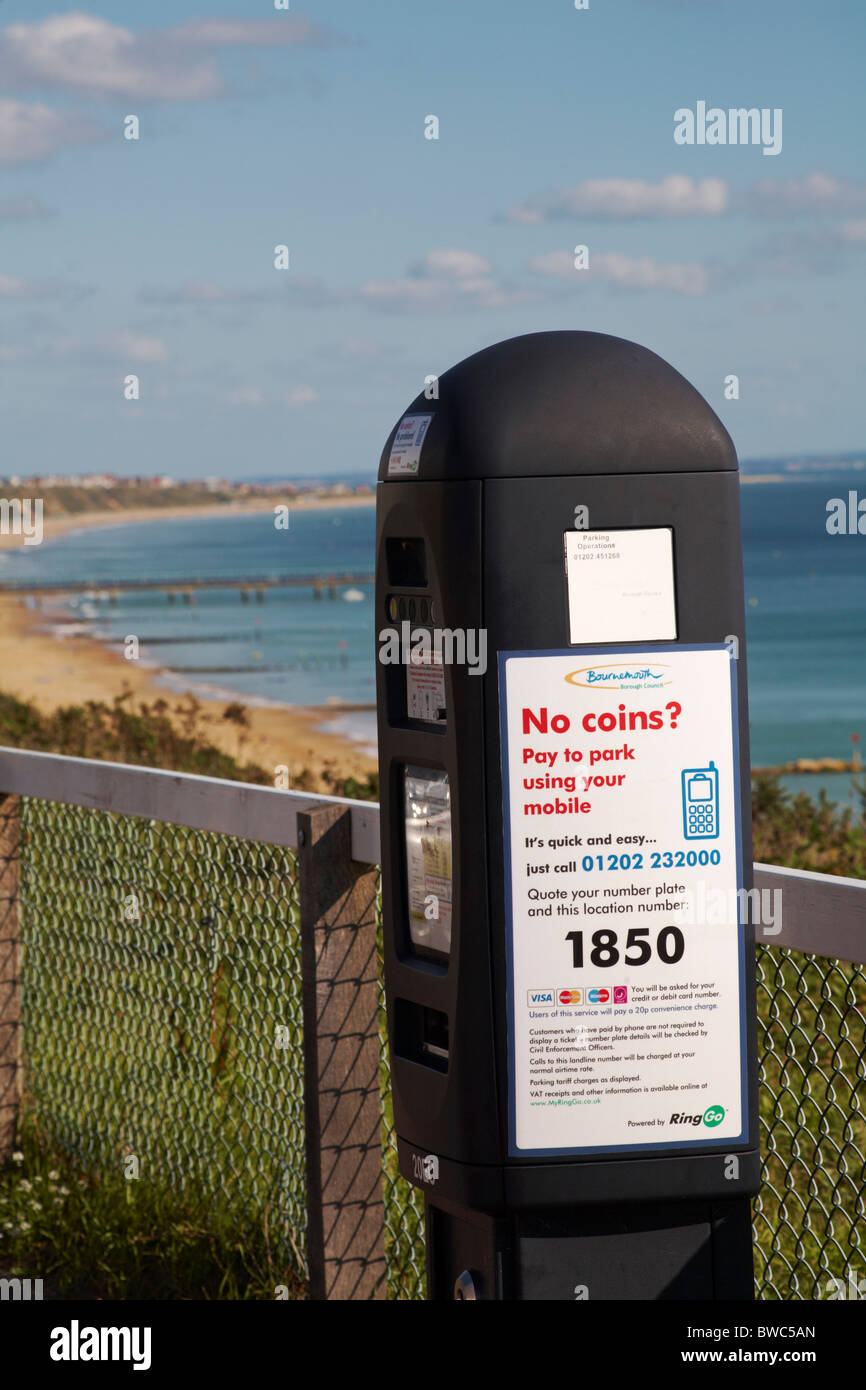 Car parking pay machine - No coins? pay to park using your mobile at Bournemouth, Dorset UK in September Stock Photo