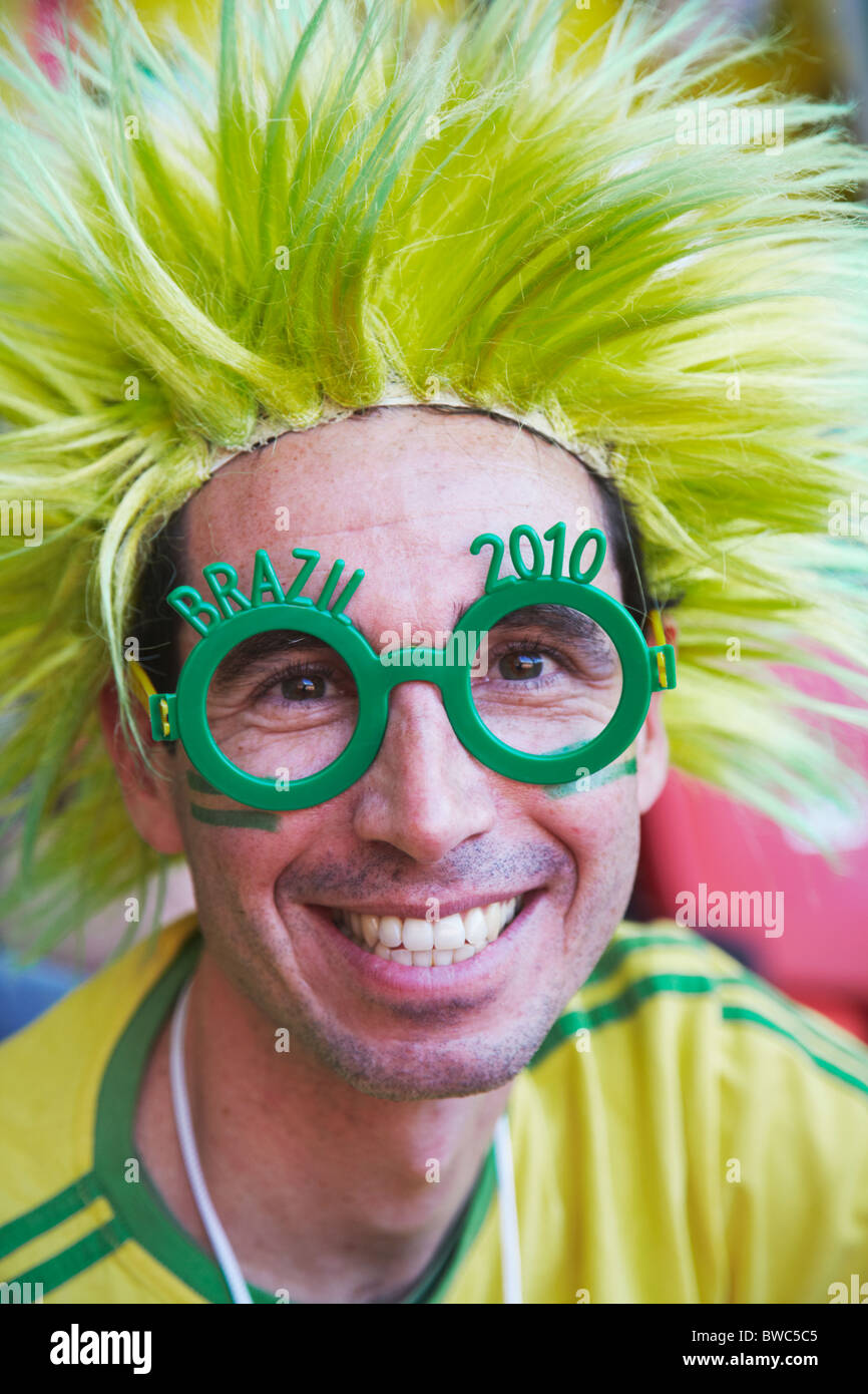 Brazilian football fan at World Cup match, Port Elizabeth, Eastern Cape, South Africa Stock Photo