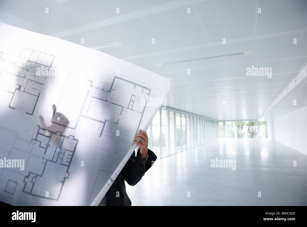Architects looking at blue prints Stock Photo