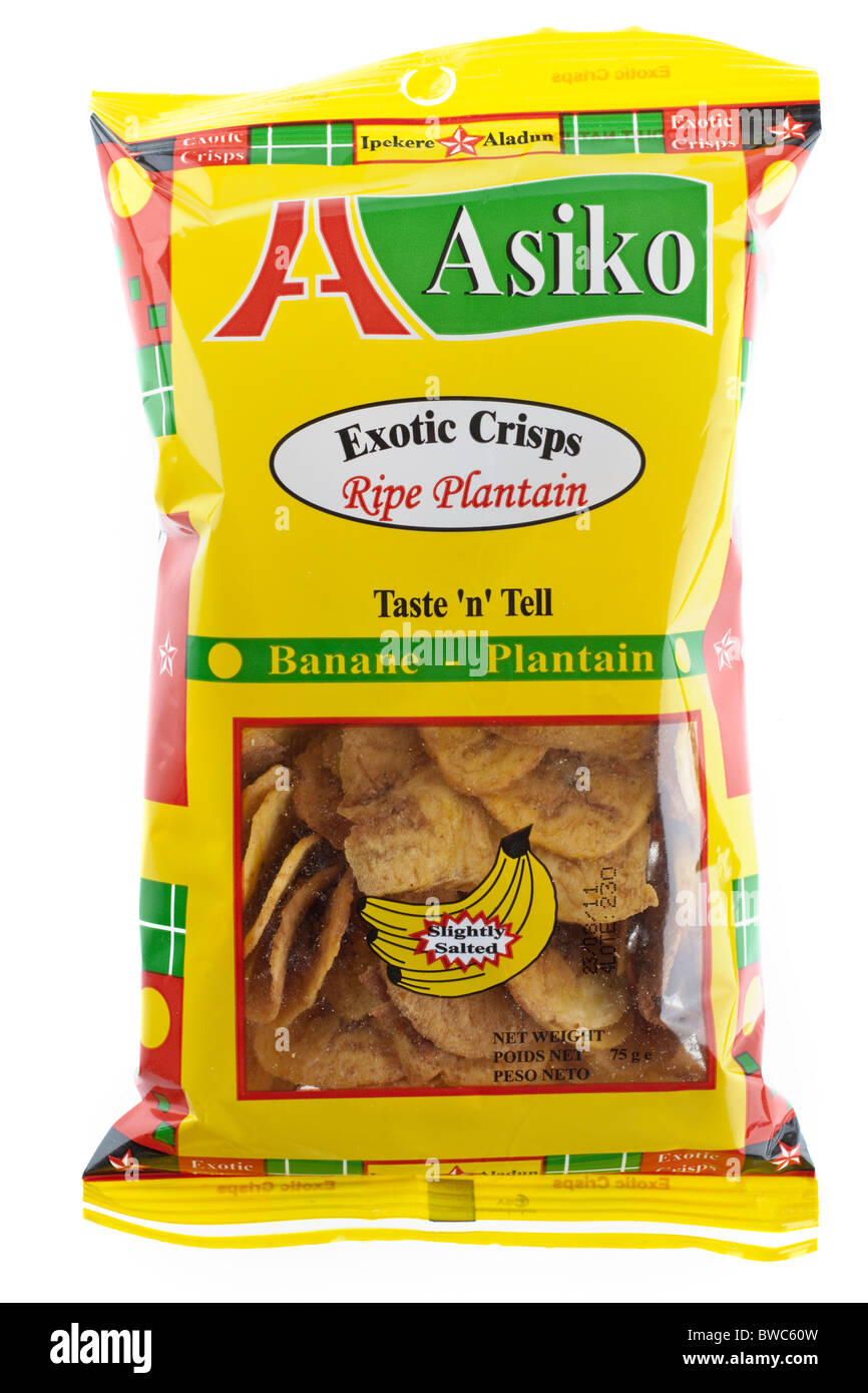 Yellow packet of Asiko lightly salted exotic crisps Banane banana plantain Stock Photo