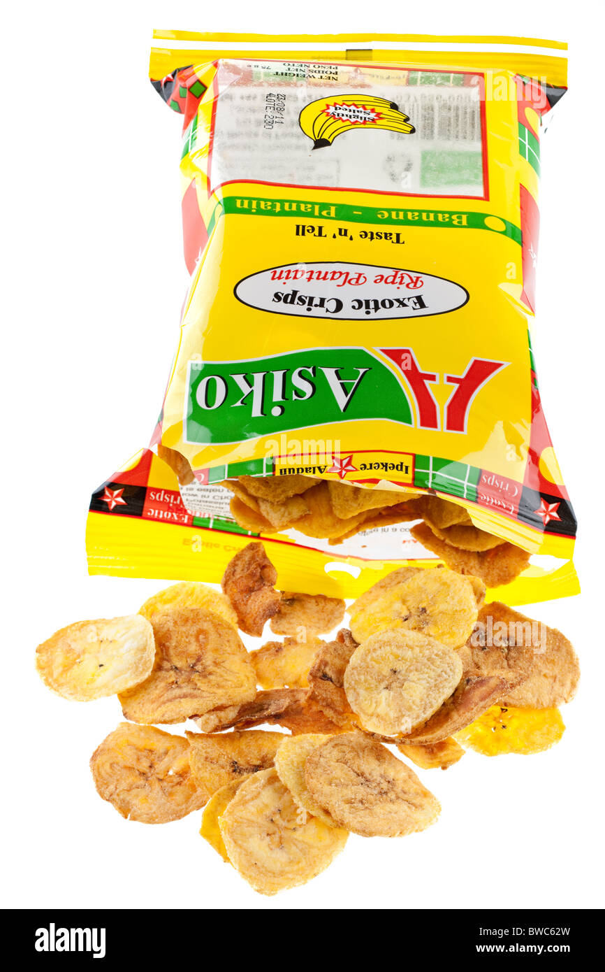 Yellow packet of Asiko lightly salted exotic crisps Banane banana plantain Stock Photo