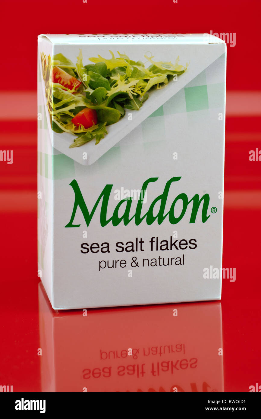 Box of Maldon pure sea salt flakes Stock Photo