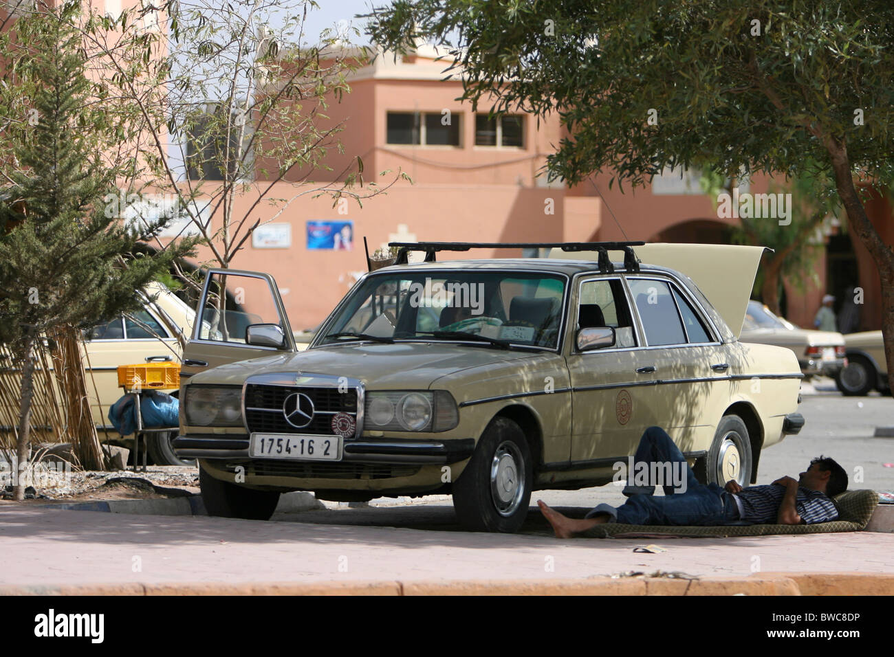 a-yellow-mercedes-benz-taxi-parked-in-the-shade-under-a-tree-in-the-BWC8DP.jpg