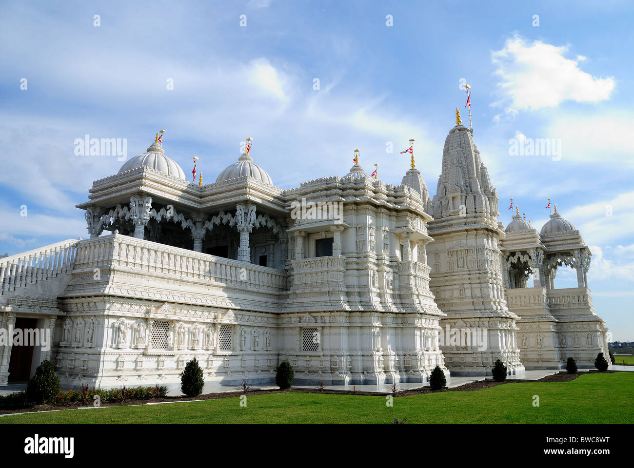 A view of the hand carved marble exterior of the Shri Swaminarayan Mandir complex in Toronto Ontario Canada Stock Photo