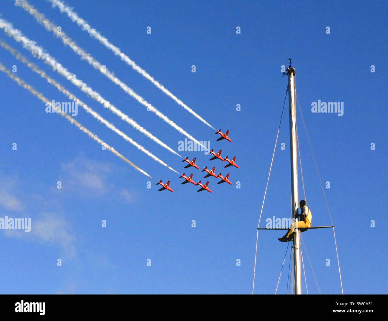 Red Arrows display during the Dartmouth Regatta, with a man up a mast