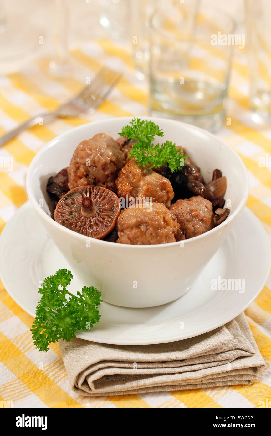 Meatballs with forest mushrooms. Recipe available. Stock Photo