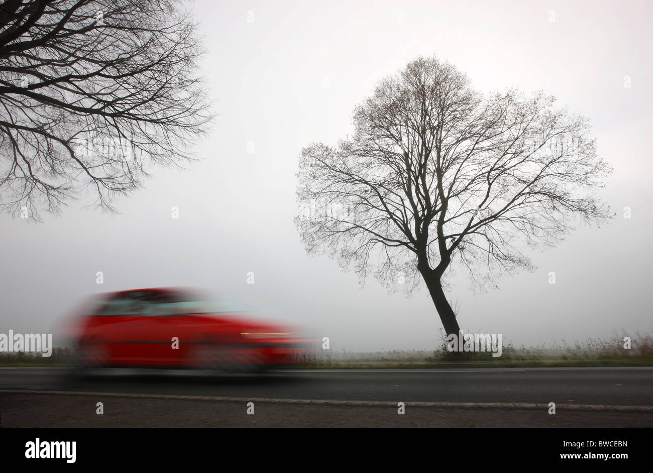 Autumn, thick fog, low visibility on a road. Essen, Germany. Stock Photo