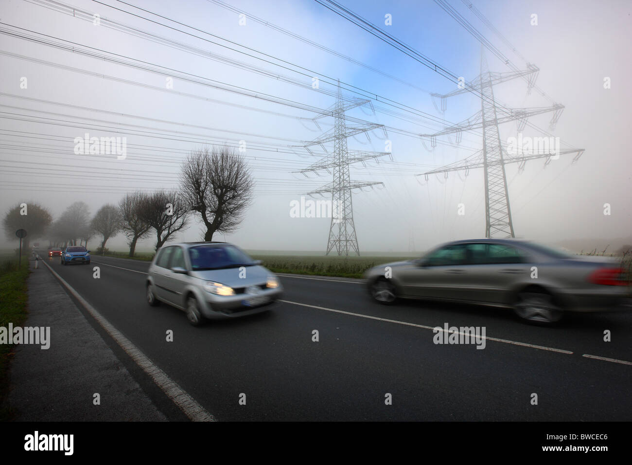 Autumn, thick fog, low visibility on a road. Essen, Germany Stock Photo ...