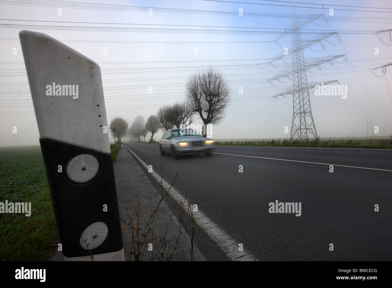 Autumn, thick fog, low visibility on a road. Essen, Germany Stock Photo ...