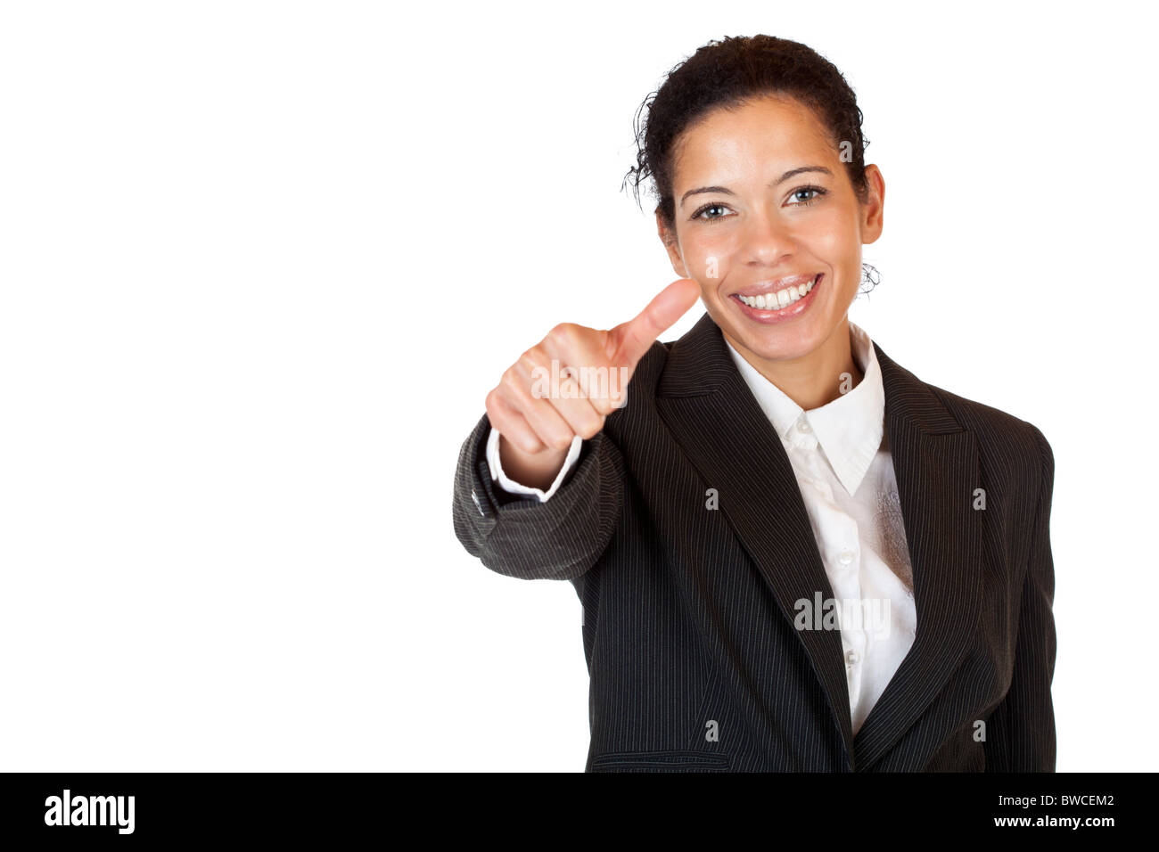 Smiling self confident business woman shows thumb up. Isolated on white ...