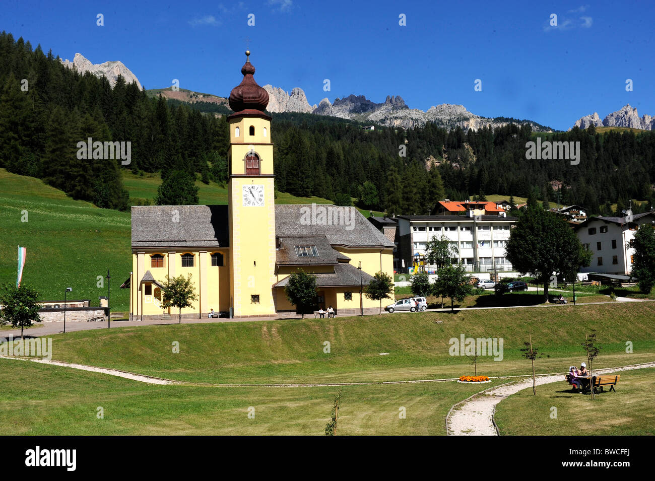 Tyrolean church in Val di Fassa in the Italian Dolomites Stock Photo ...