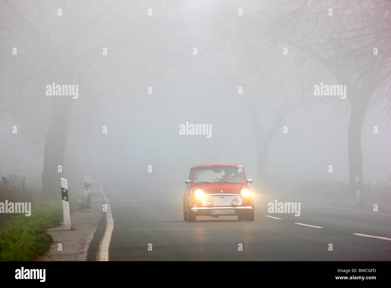 Autumn, thick fog, low visibility on a road. Essen, Germany. Stock Photo