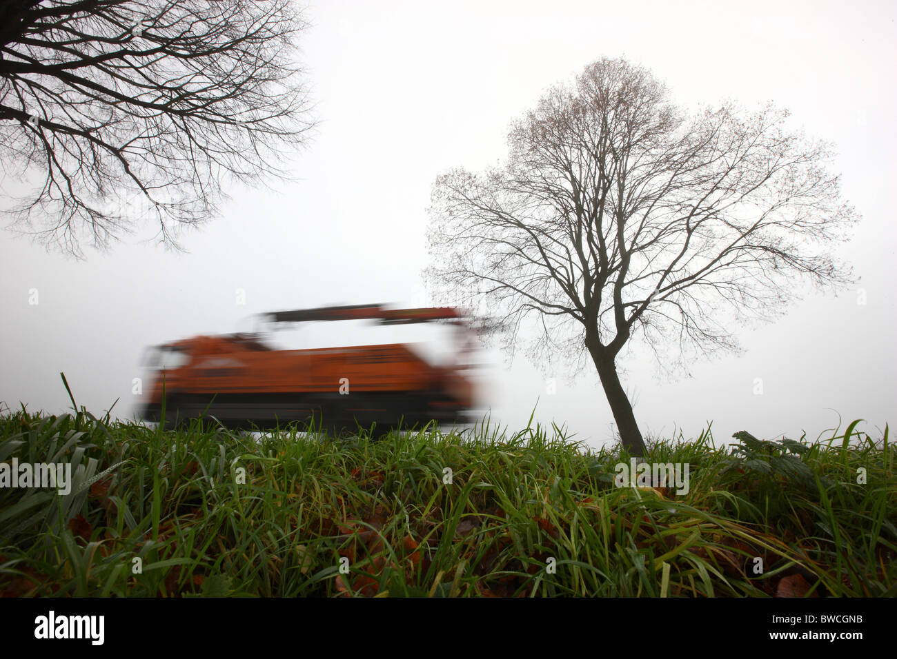 Autumn, thick fog, low visibility on a road. Essen, Germany. Stock Photo