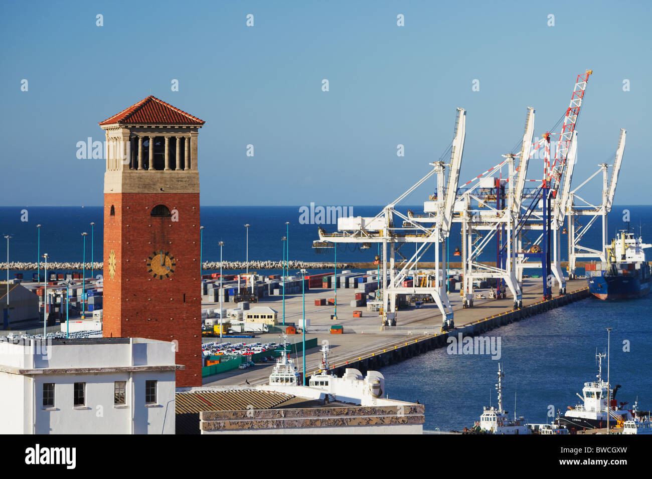 View of Campanile with dockyard in background, Port Elizabeth, Eastern Cape, South Africa Stock Photo