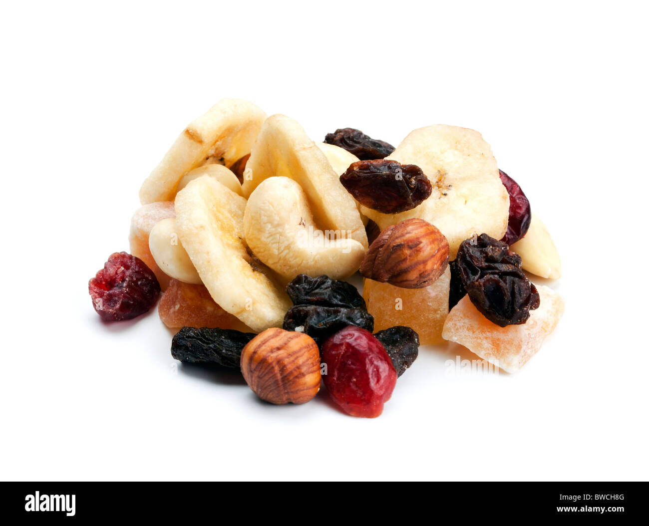 heap of trail mix on white background Stock Photo