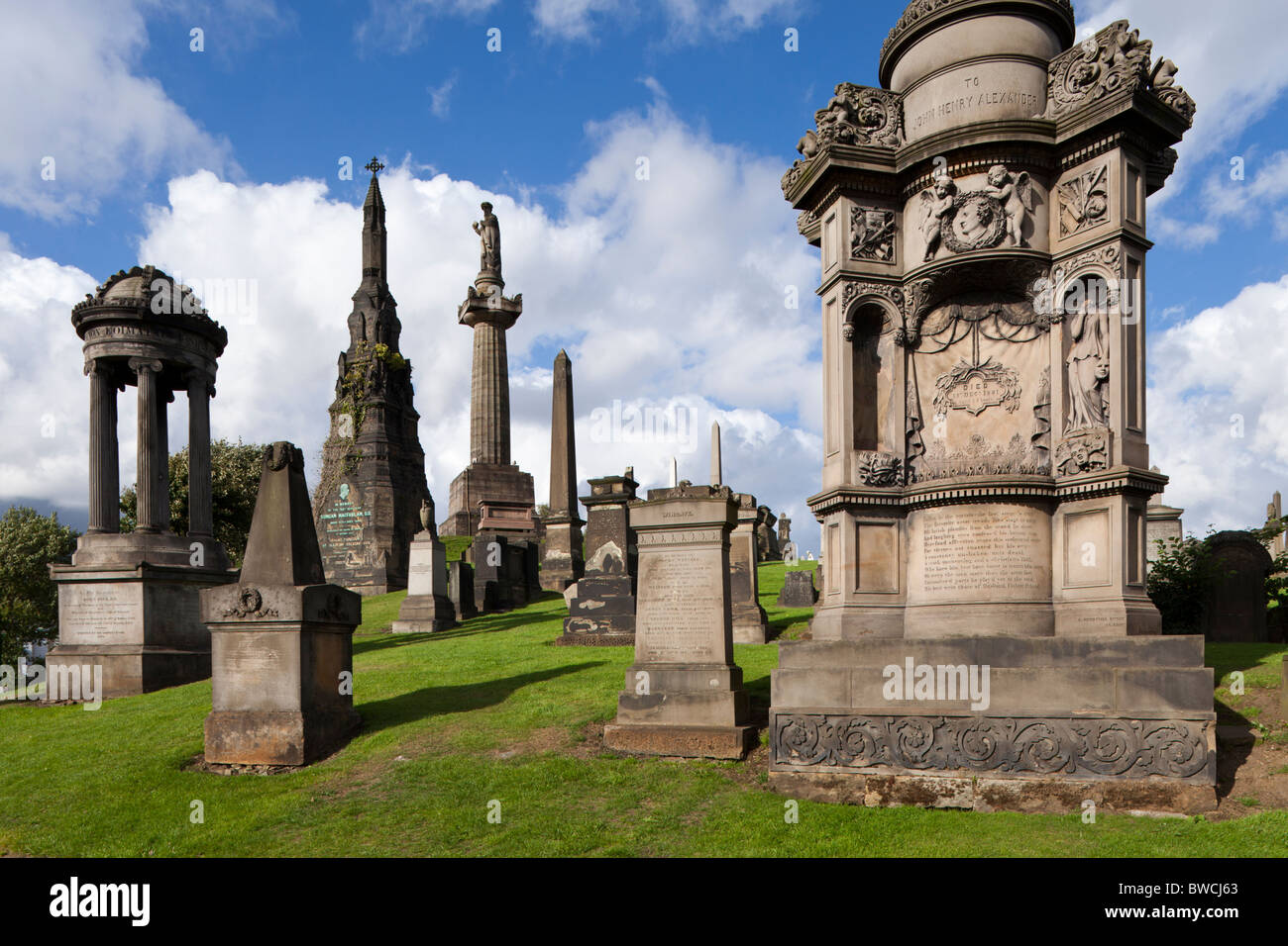 Memorials in the Glasgow Necropolis which lies to the east of Glasgow Cathedral, Scotland Stock