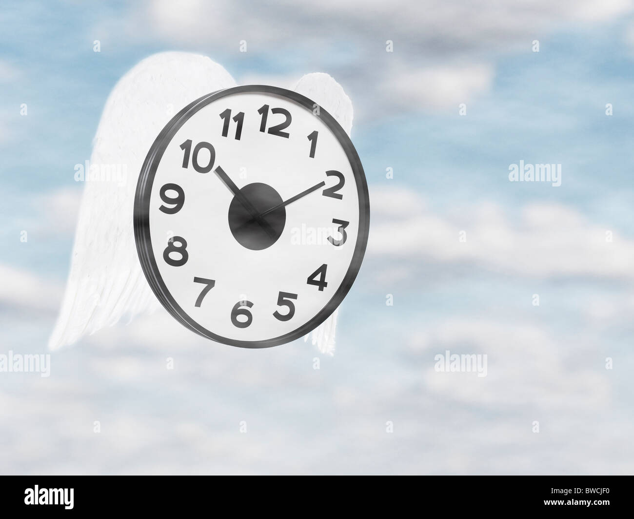 Clock flying against sky, digital composite Stock Photo