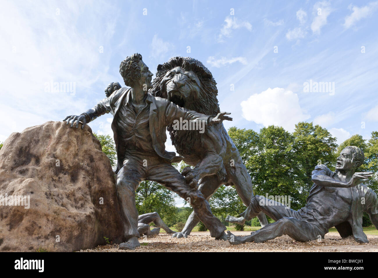 Sculpture at the David Livingstone Centre, Blantyre, South Lanarkshire, Scotland UK. Livingstone was attacked by a lion at Mabotsa, South Africa. Stock Photo
