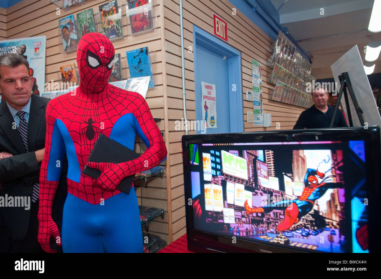 Spider-Man watches a public service announcement promoting NYC Workforce1 career centers Stock Photo