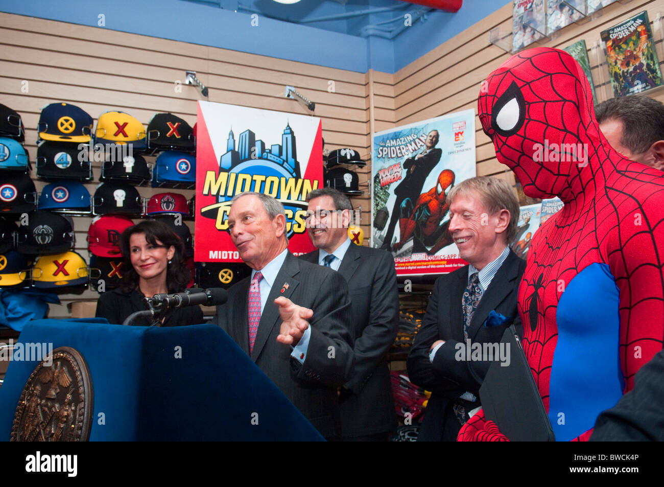 New York Mayor Michael Bloomberg and Spider-Man promote NYC career centers Stock Photo